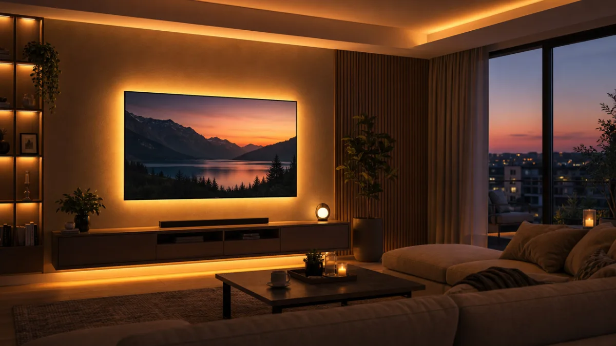 a cozy modern living room at dusk with smart LED strip lighting…