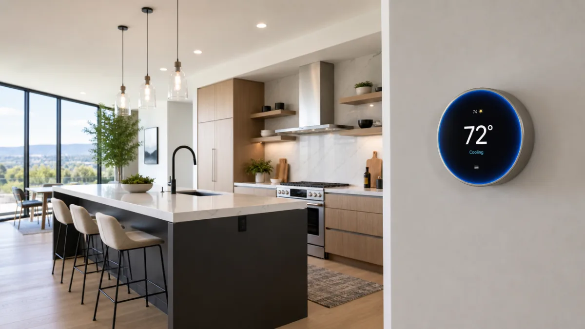 a sleek modern kitchen with a smart thermostat display glowing on the…