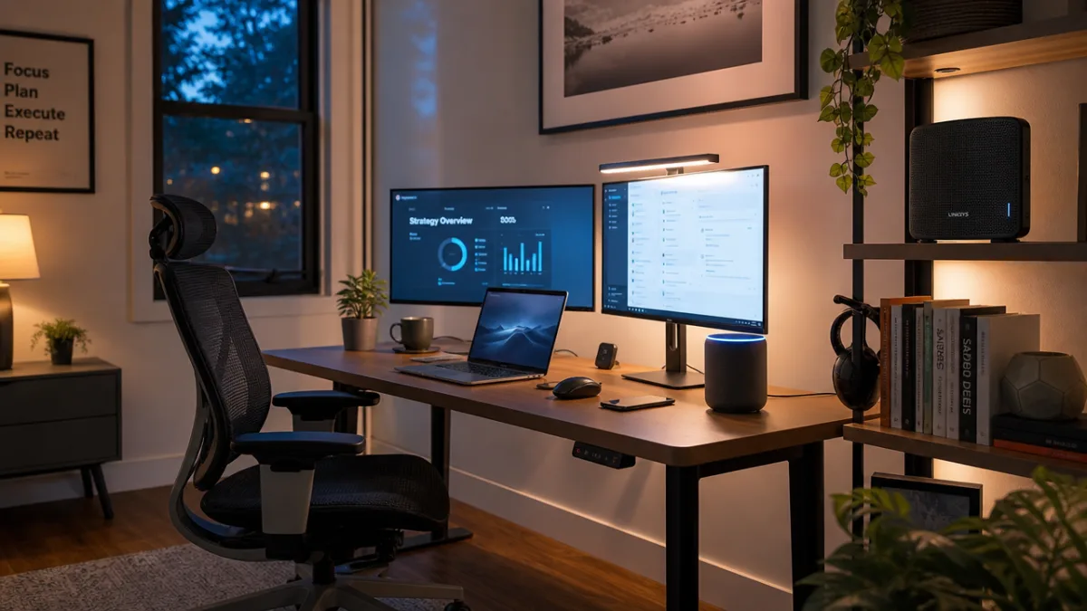a contemporary home office with smart speaker, mesh Wi-Fi router, and multiple…