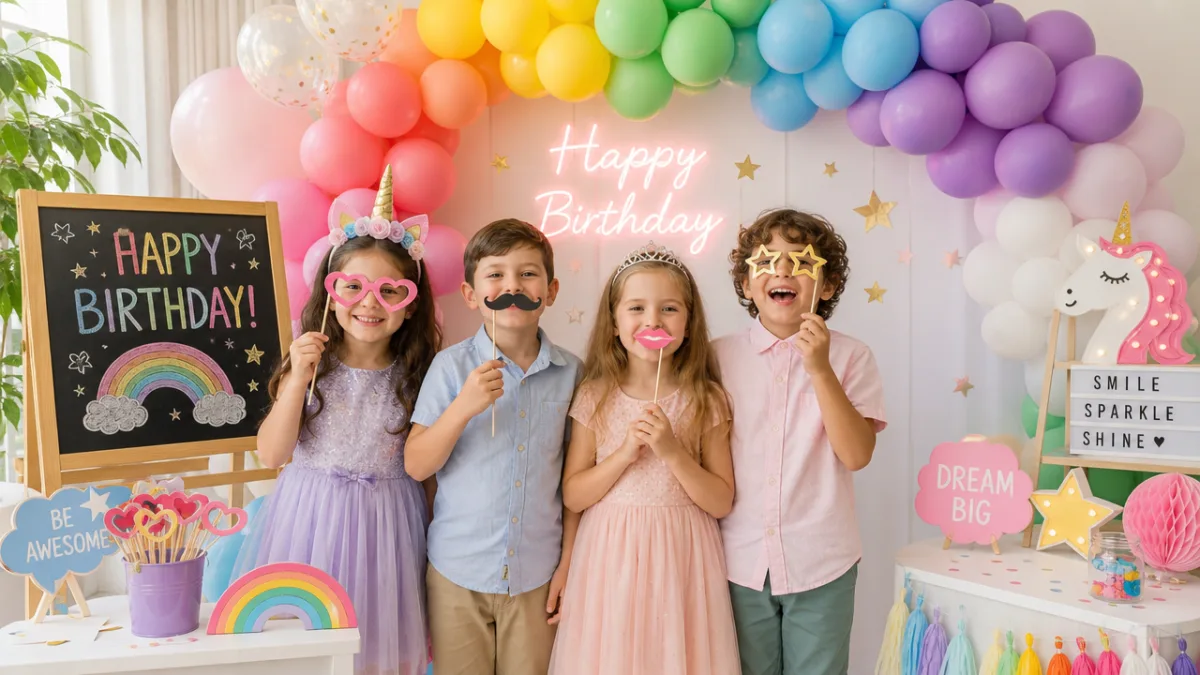 a cheerful children's birthday party photo booth with rainbow balloon arch, props,…