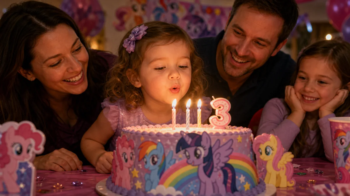 a joyful three-year-old girl blowing out birthday candles on a colorful My…