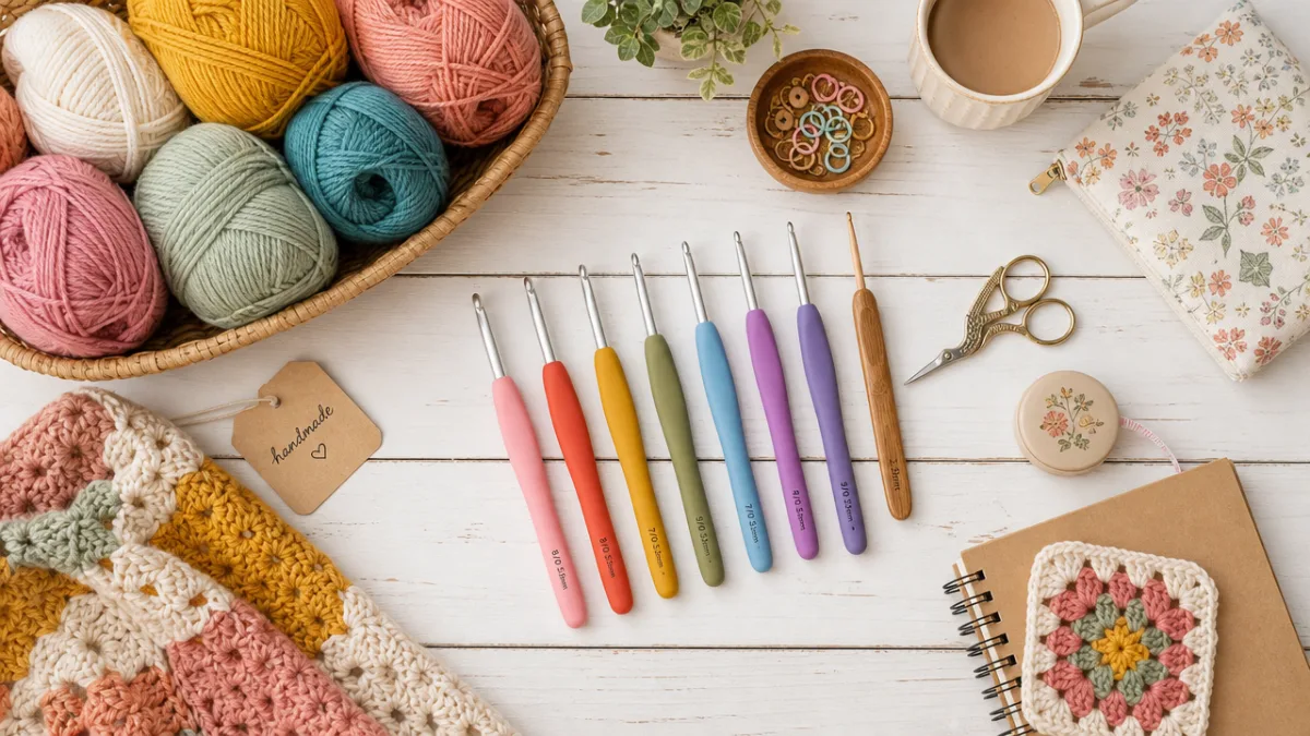 a flat lay of colorful yarn skeins, crochet hooks, and crafting supplies…