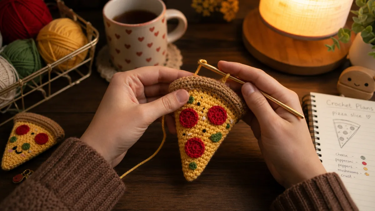 a pair of hands crocheting a colorful yarn pizza slice on a…