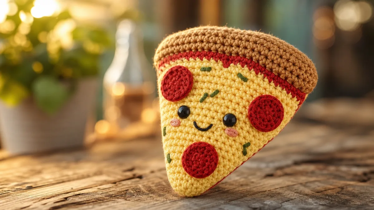 a finished crocheted pizza slice plush toy displayed on a rustic wooden…