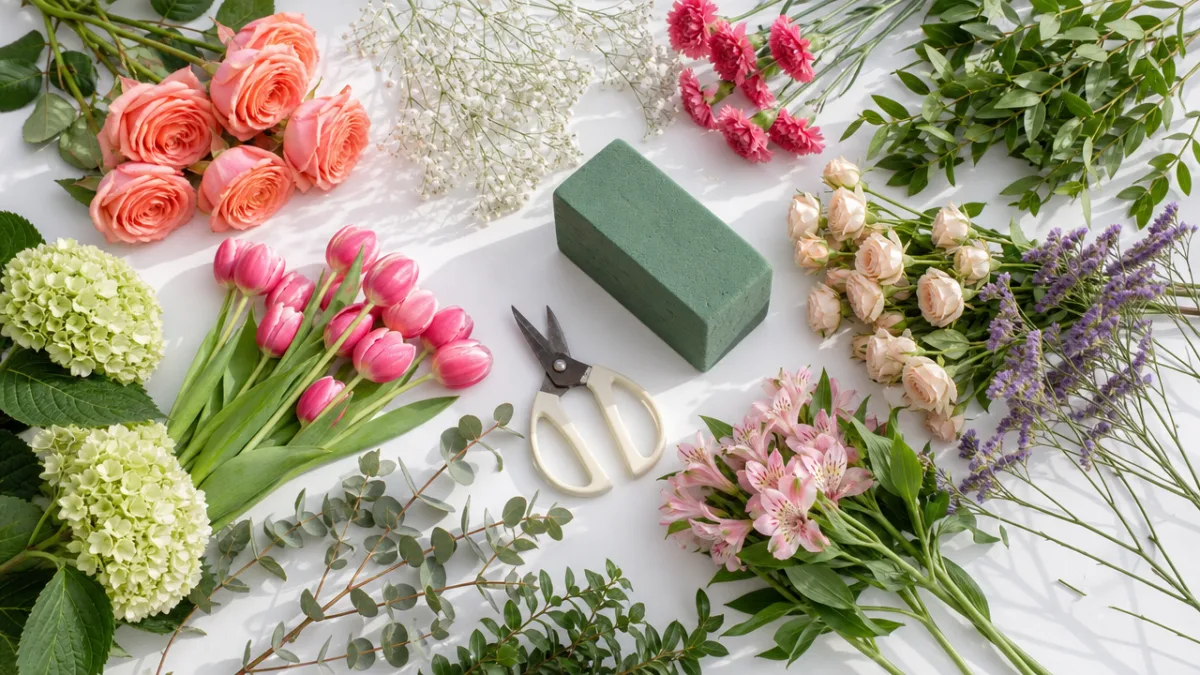 a flat lay of colorful fresh flowers, greenery, and floral foam arranged…