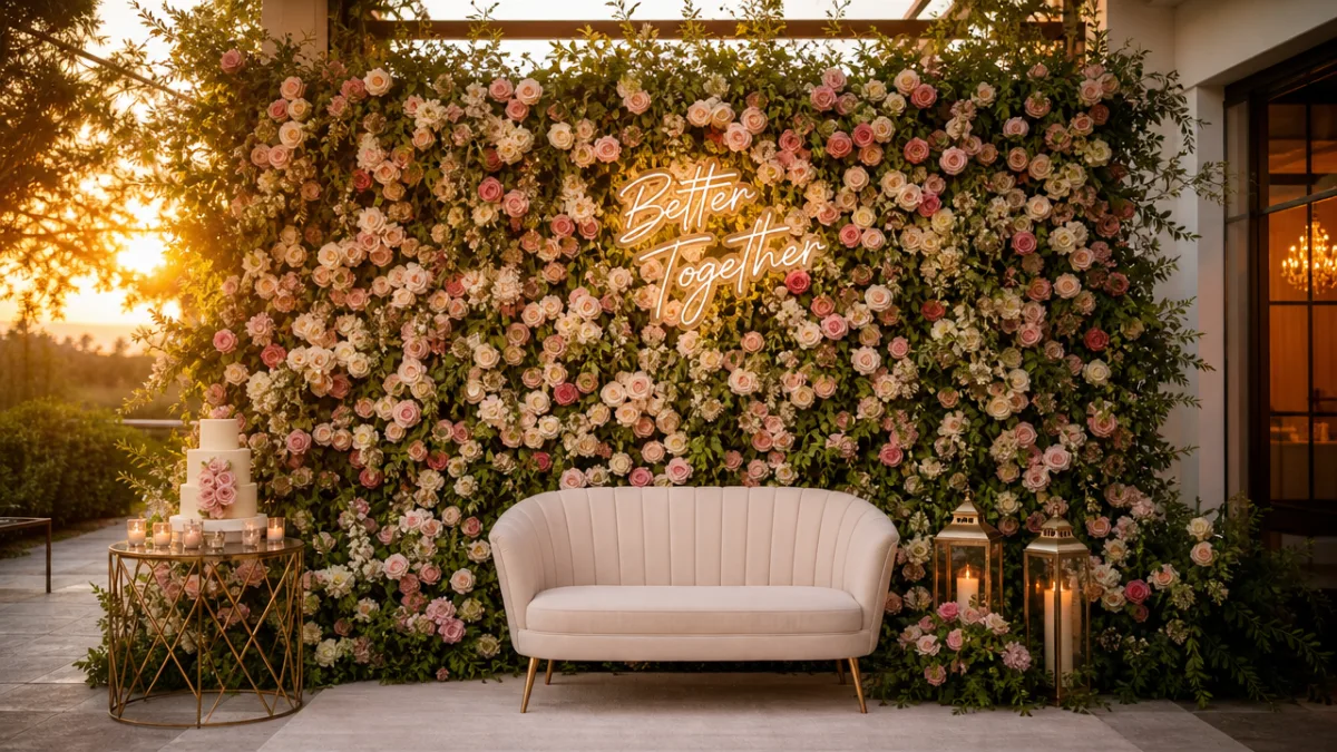 a finished lush floral backdrop wall with roses and greenery at a…