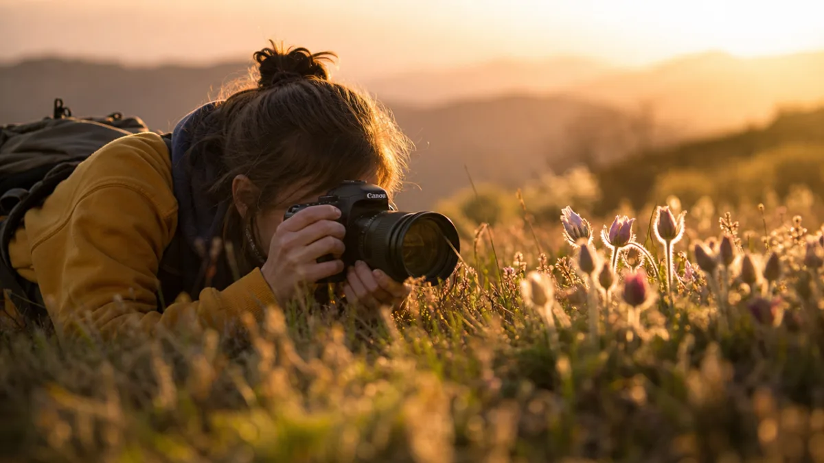 a photographer lying on grass photographing wildflowers at ground level during golden…