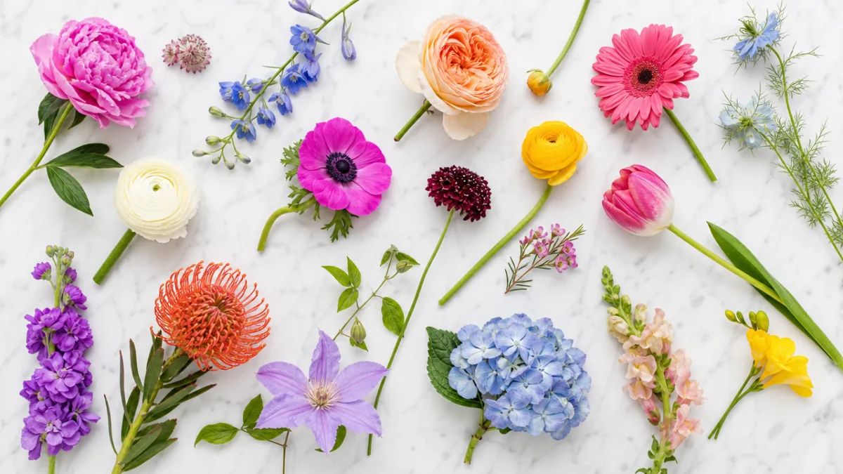 an arranged flat lay of various colorful cut flowers on white marble…