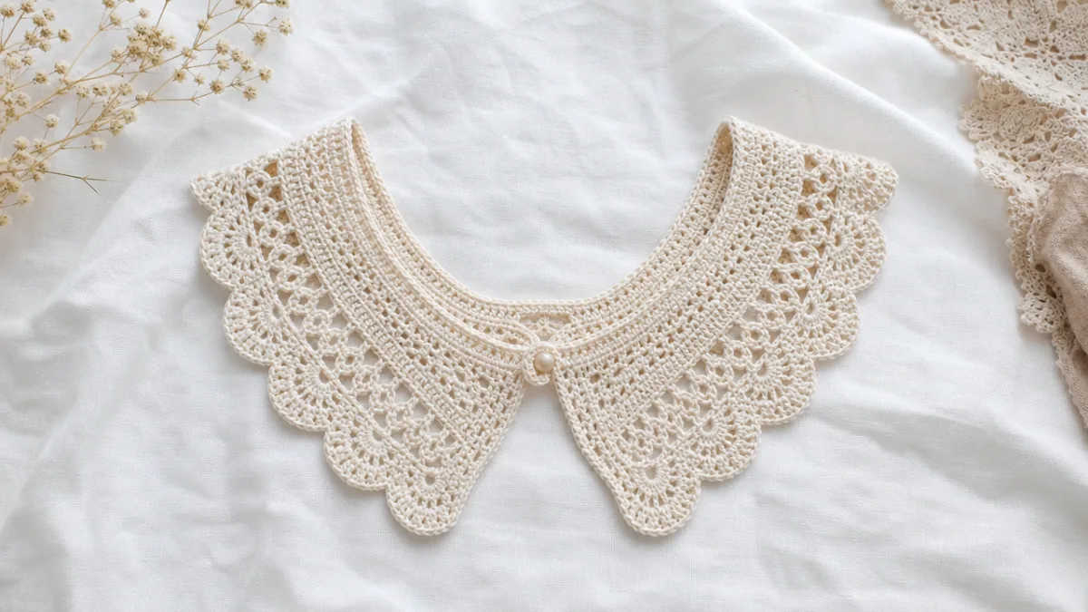 a flat lay of crochet lace collar on white linen fabric, soft…