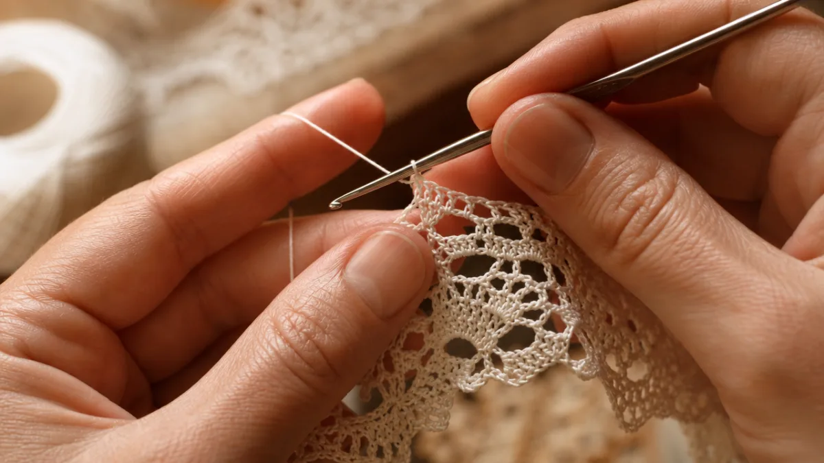 close-up of hands crocheting fine white lace thread with steel hook, warm…