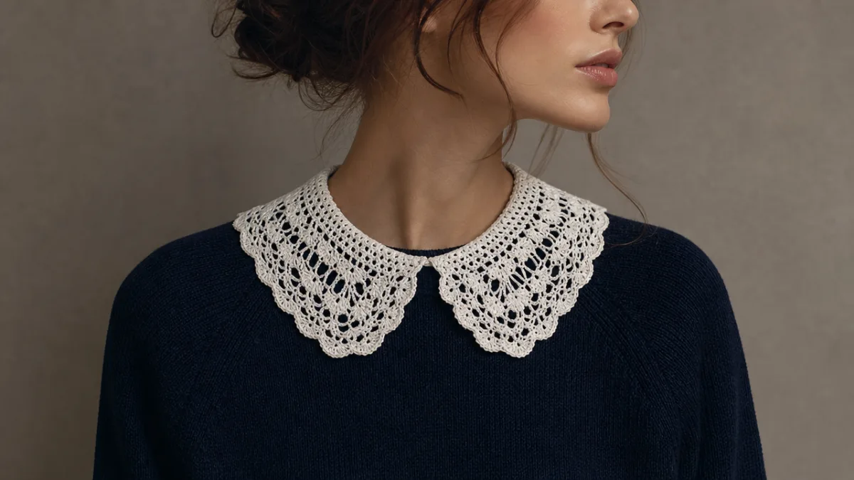 finished white crochet lace collar styled on a dark navy sweater, soft…