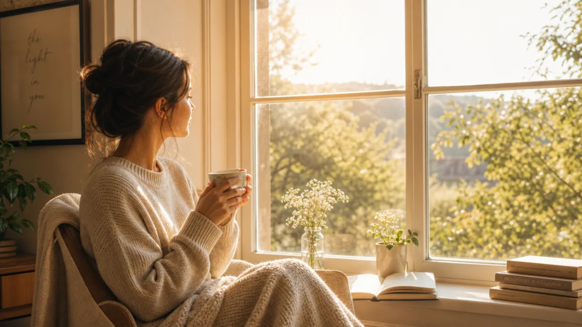 a woman sitting alone by a large sunlit window with a cup…