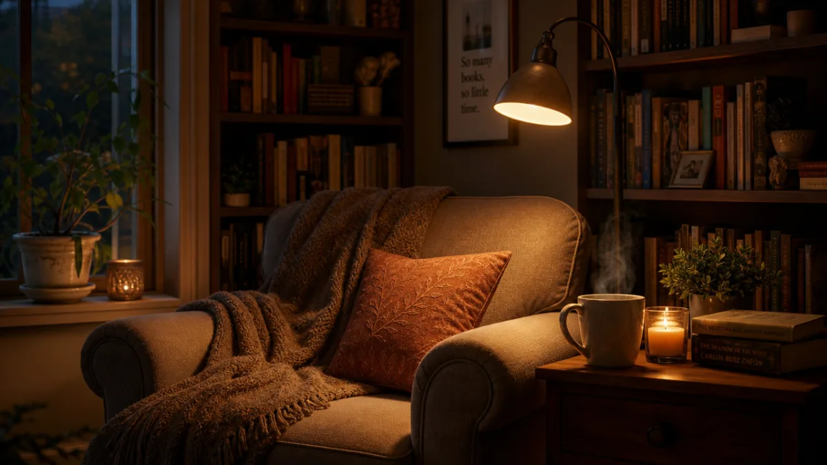 a cozy reading nook with a soft armchair, warm lamp light, bookshelves,…