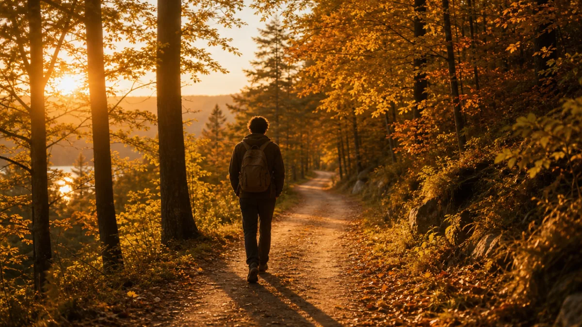 a person walking alone on a quiet forest path in golden autumn…