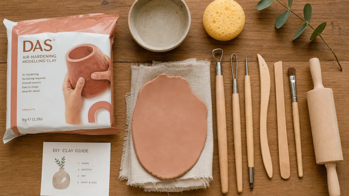 a flat lay of clay crafting tools and air-dry clay on a…