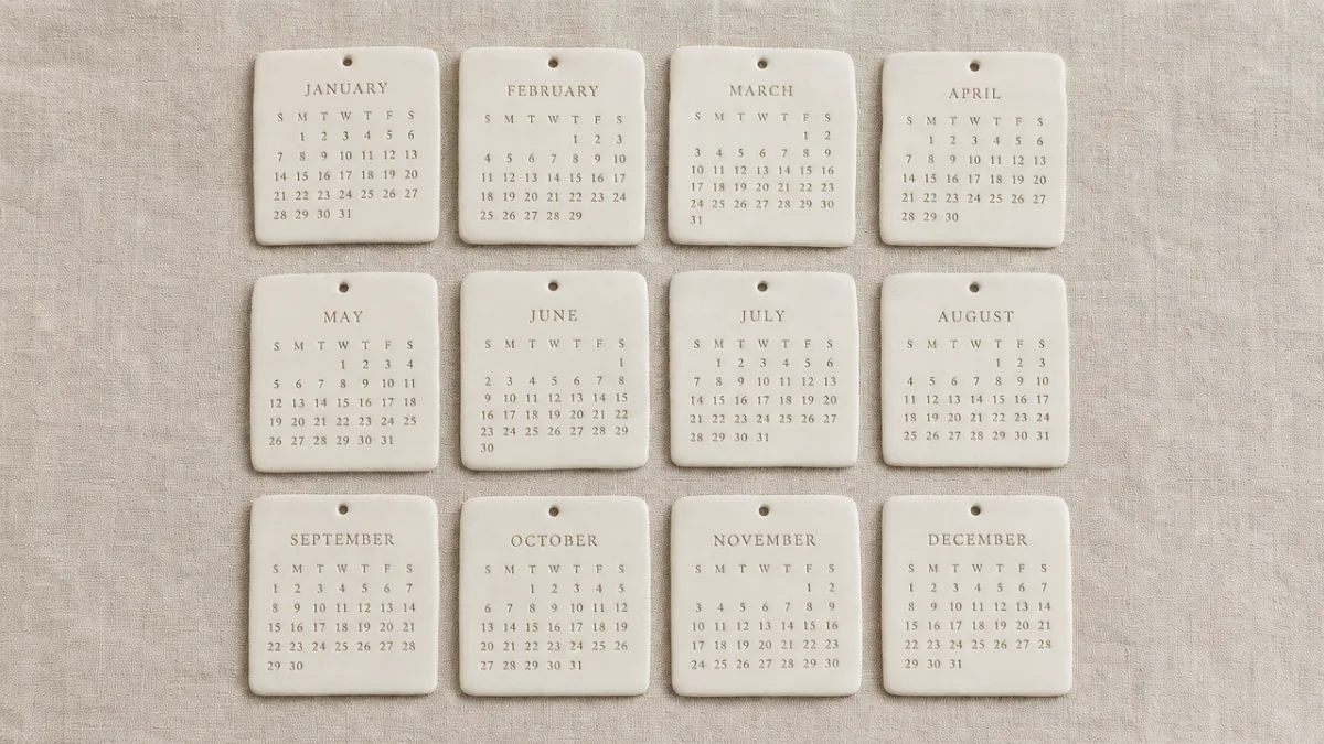 finished white clay calendar tiles arranged neatly on a linen surface, soft…