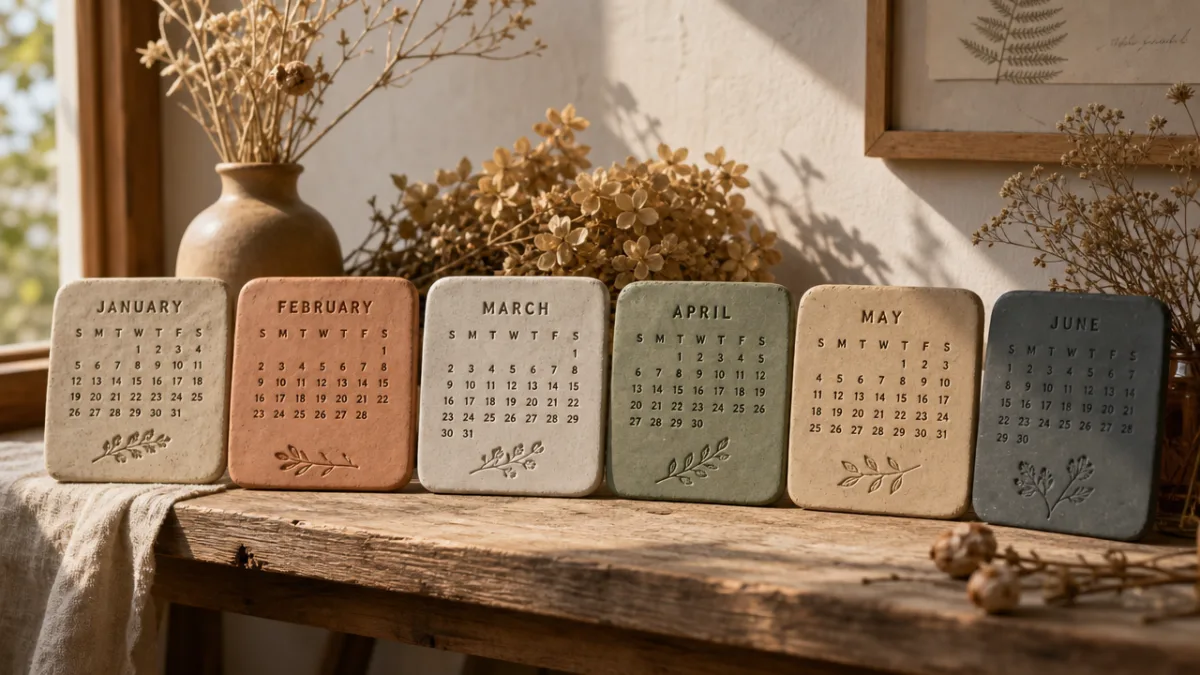clay calendar tiles displayed on a wooden ledge with dried botanicals, warm…