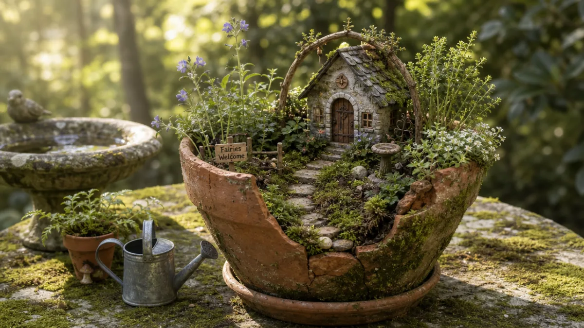 a rustic terracotta pot fairy garden on a mossy garden table, soft…