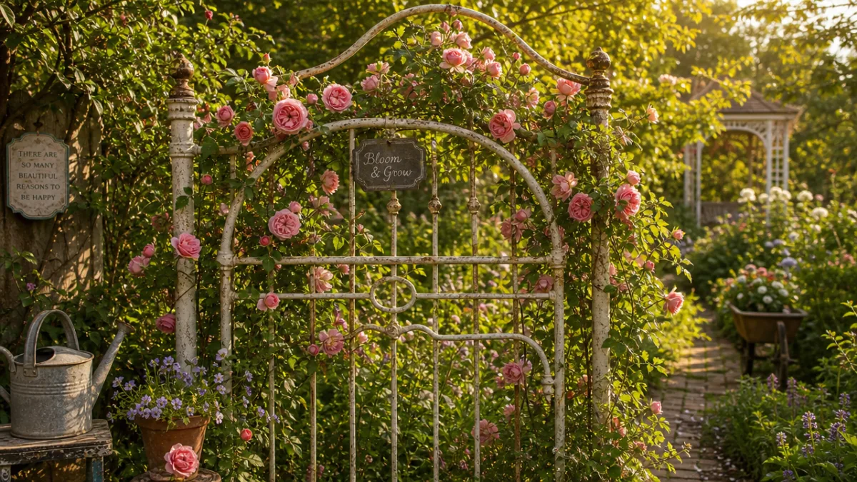a lush garden with repurposed iron bed frame trellis covered in climbing…