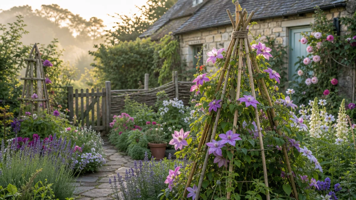 a cottage garden with rustic bamboo wigwam trellis supporting flowering climbing plants,…