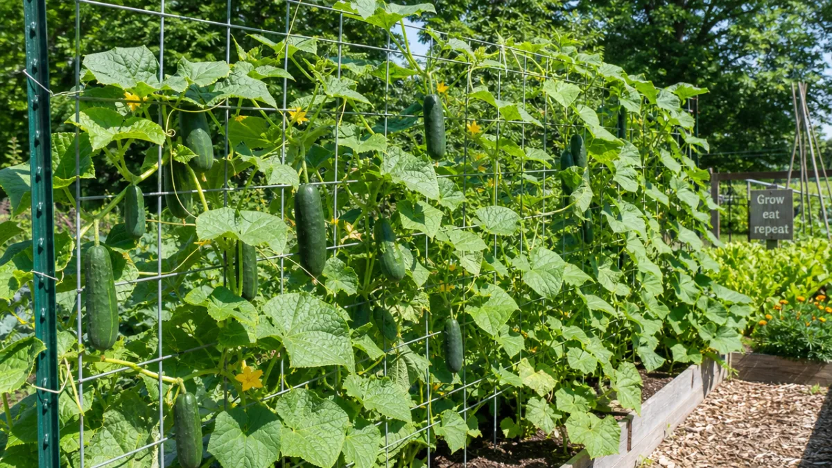 a productive vegetable garden with wire mesh trellis supporting cucumber plants, bright…