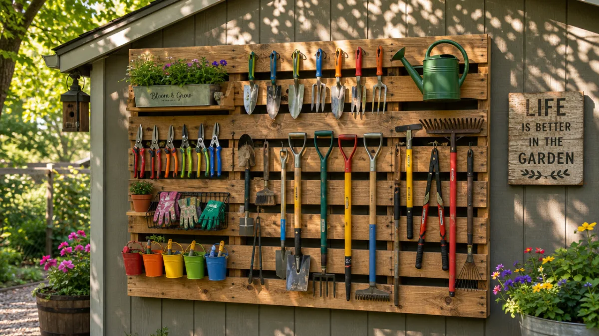 a fully organized pallet tool wall mounted on a garden shed, colorful…