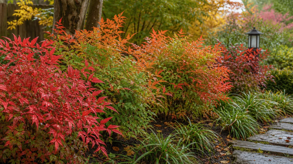 a lush garden bed featuring nandina shrubs in autumn colors of red,…