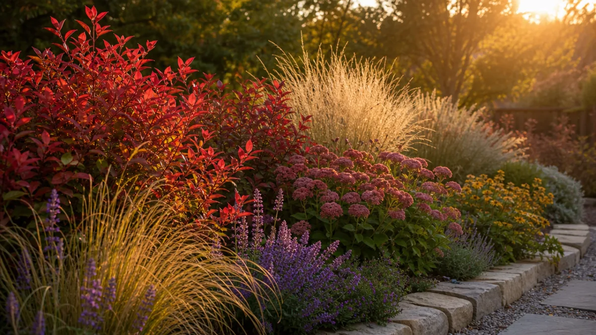 a beautifully designed garden border featuring nandina mixed with ornamental grasses and…