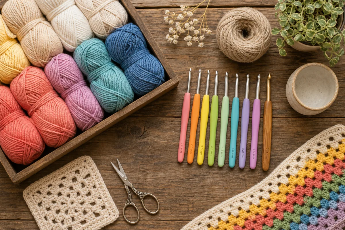 a neatly arranged flat lay of colorful yarn skeins and crochet hooks…