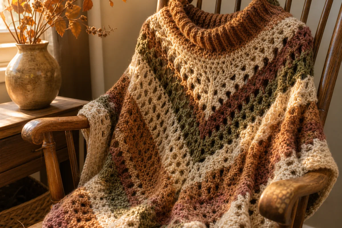 a close-up of a crocheted oversized poncho draped over a wooden chair,…