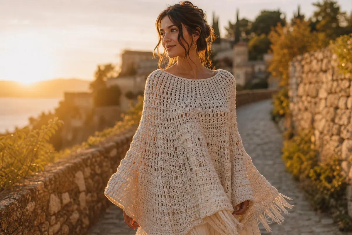a woman wearing an oversized cream crochet poncho outdoors in golden hour…