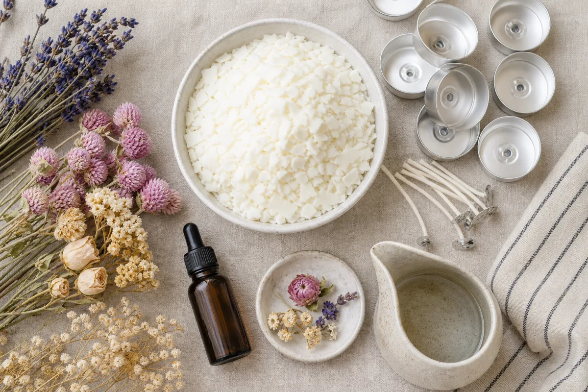 flat lay of candle making supplies including dried flowers, soy wax flakes,…