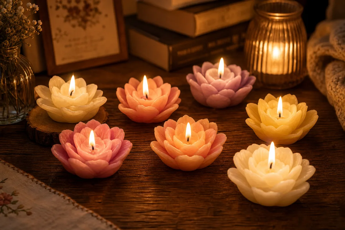 arrangement of finished flower tealight candles glowing warmly on a wooden table,…