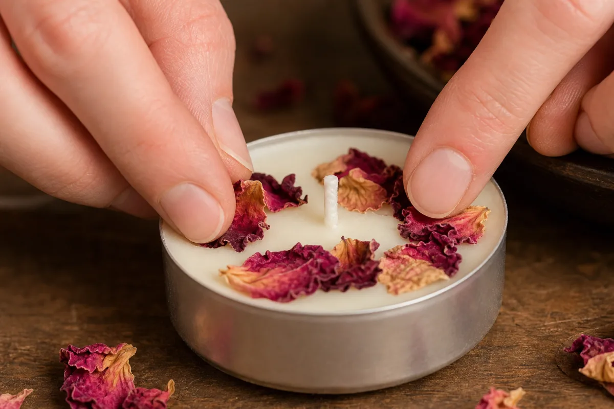 close-up of hands gently pressing dried rose petals onto soft wax surface…