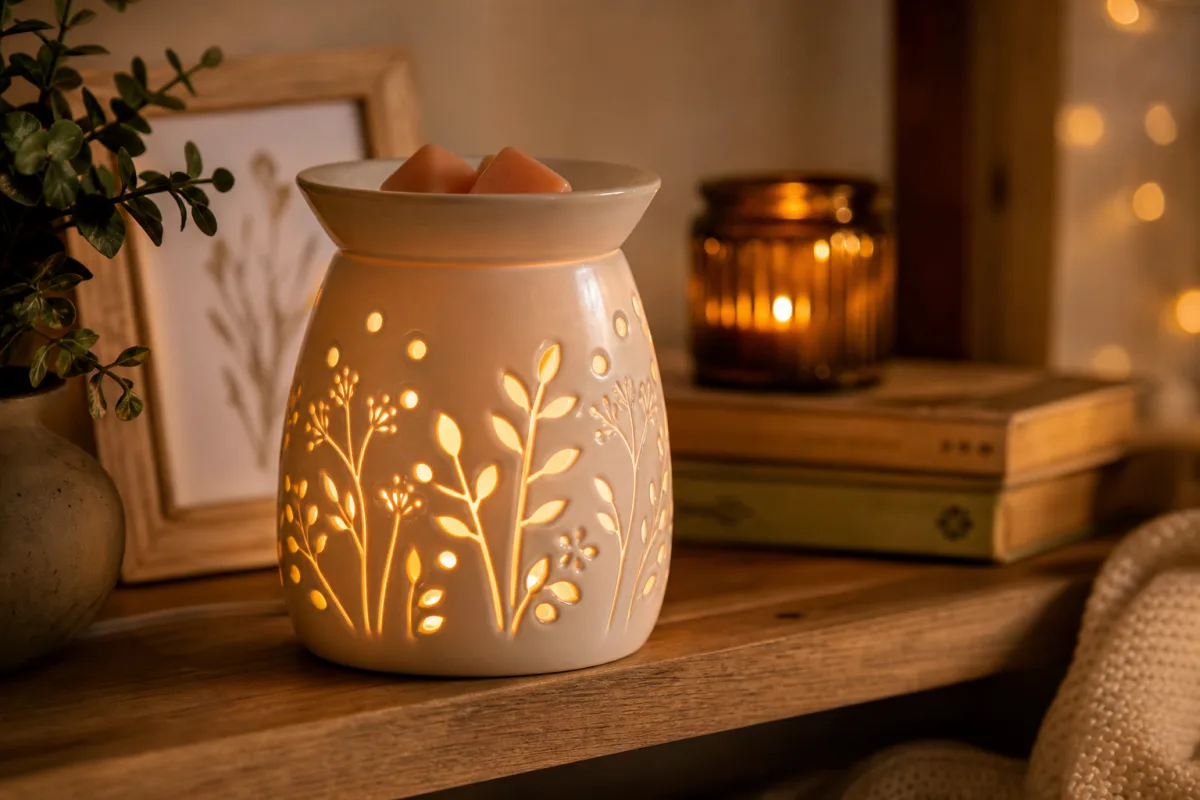 a ceramic electric wax warmer glowing softly on a wooden shelf, warm…