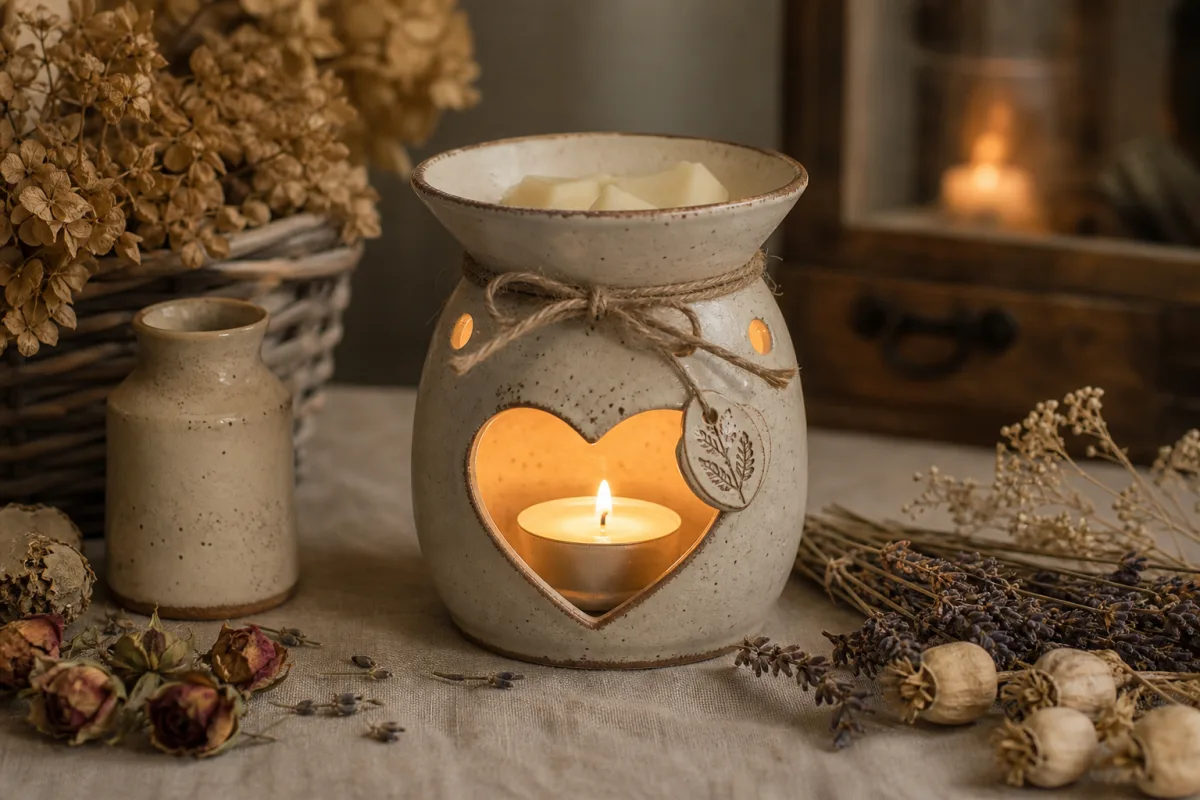 a rustic farmhouse-style wax warmer on a linen tablecloth surrounded by dried…