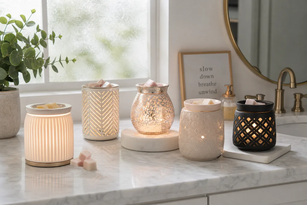 an elegant wax warmer collection displayed on a marble bathroom countertop, soft…