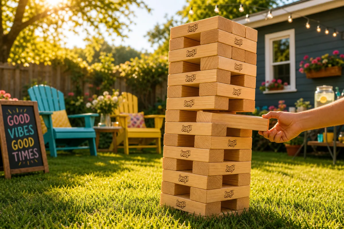 a sunny backyard with giant Jenga blocks stacked on green grass, warm…