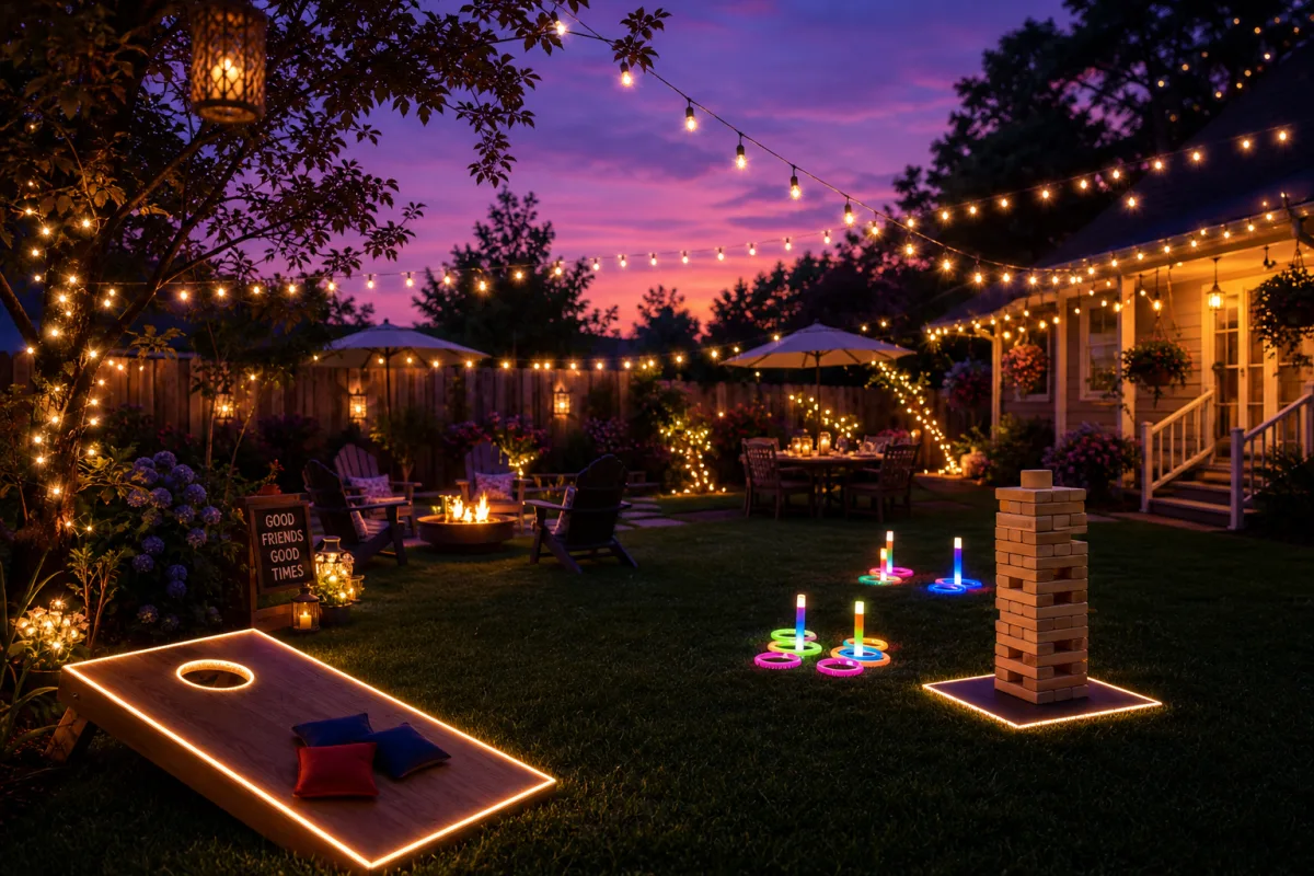 backyard party at dusk with glowing lawn games, string fairy lights, soft…