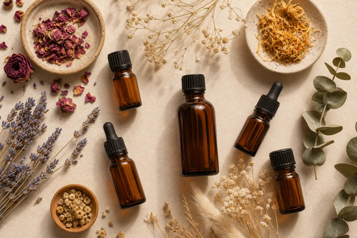 a flat lay of amber glass essential oil bottles with dried botanicals…