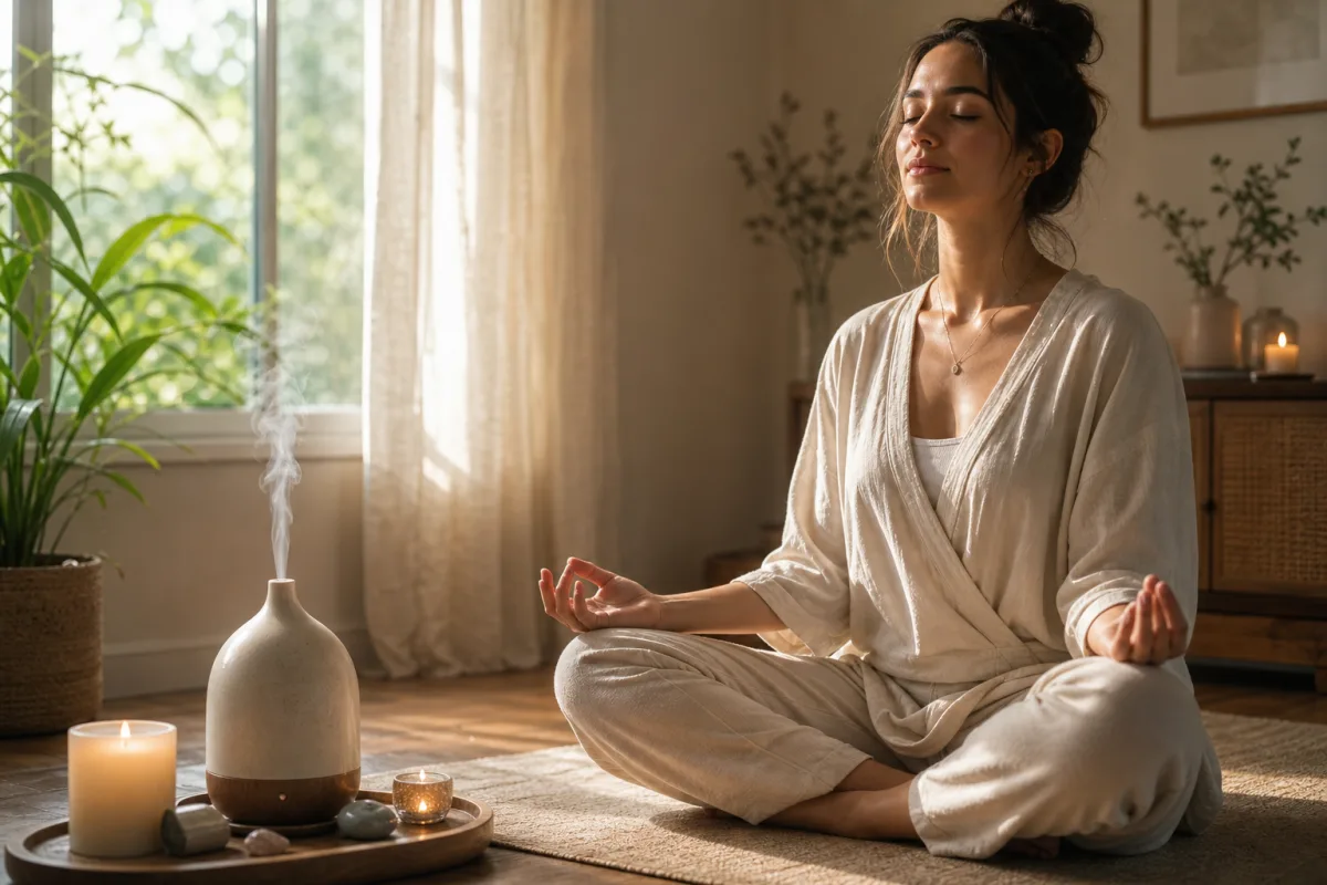 a woman meditating beside a ceramic diffuser with soft candlelight and morning…