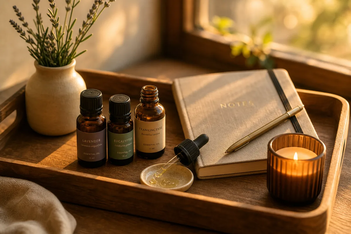 a serene wooden tray with essential oil bottles, a dropper, and a…