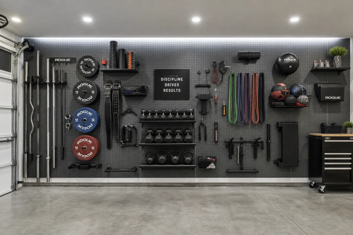 a well-lit garage gym storage wall with organised equipment mounted on grey…