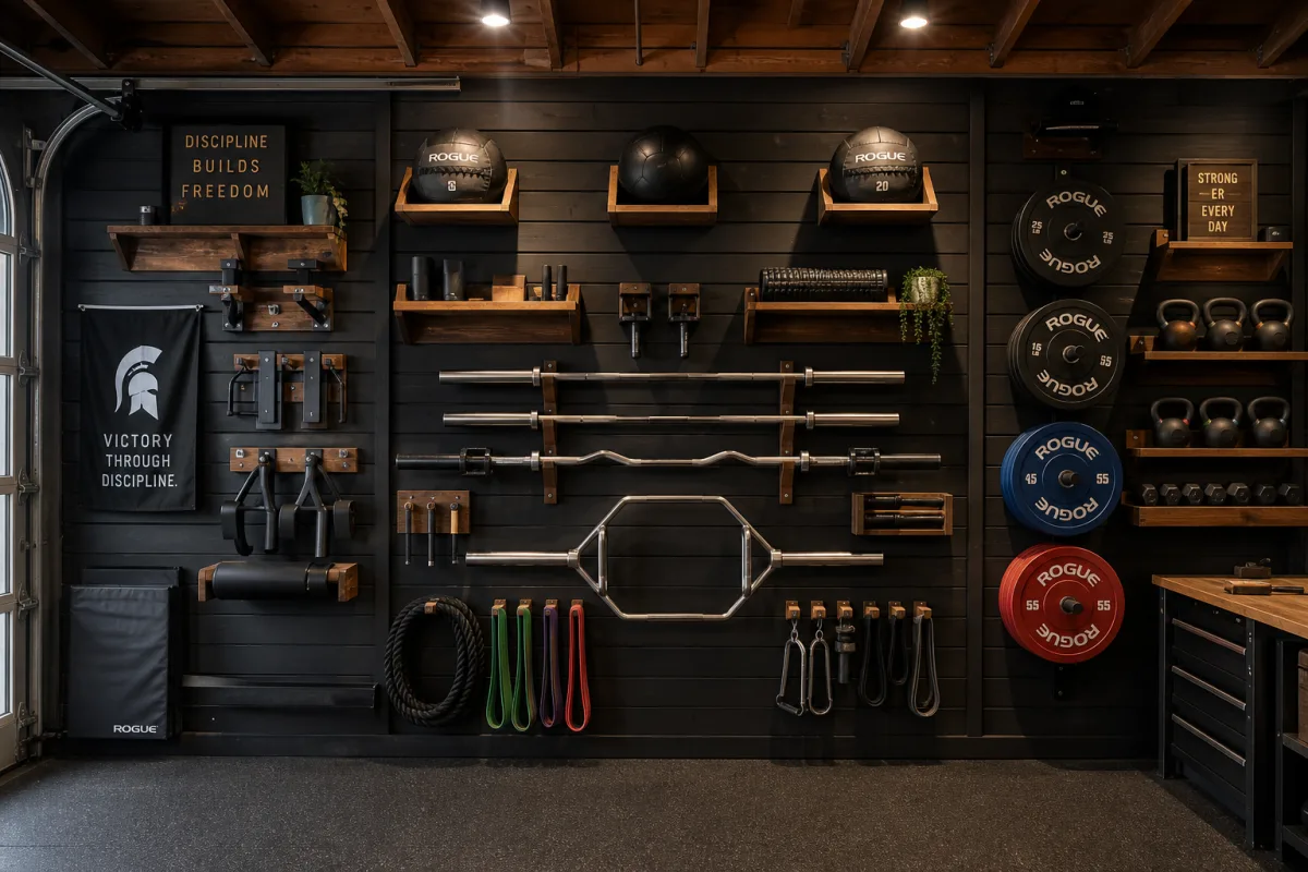 a floor-to-ceiling French cleat wall in a garage gym with custom wooden…