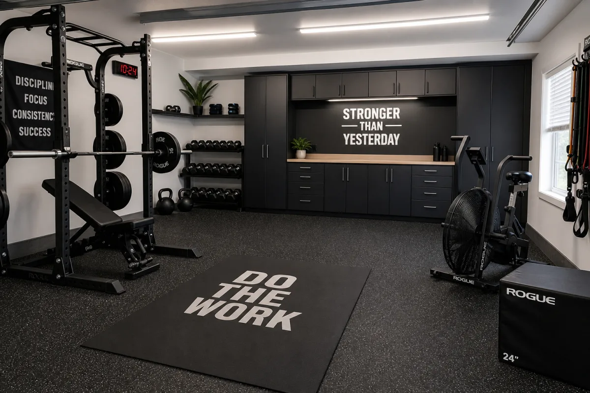 a tidy garage gym with motivational signage on dark storage wall, bright…