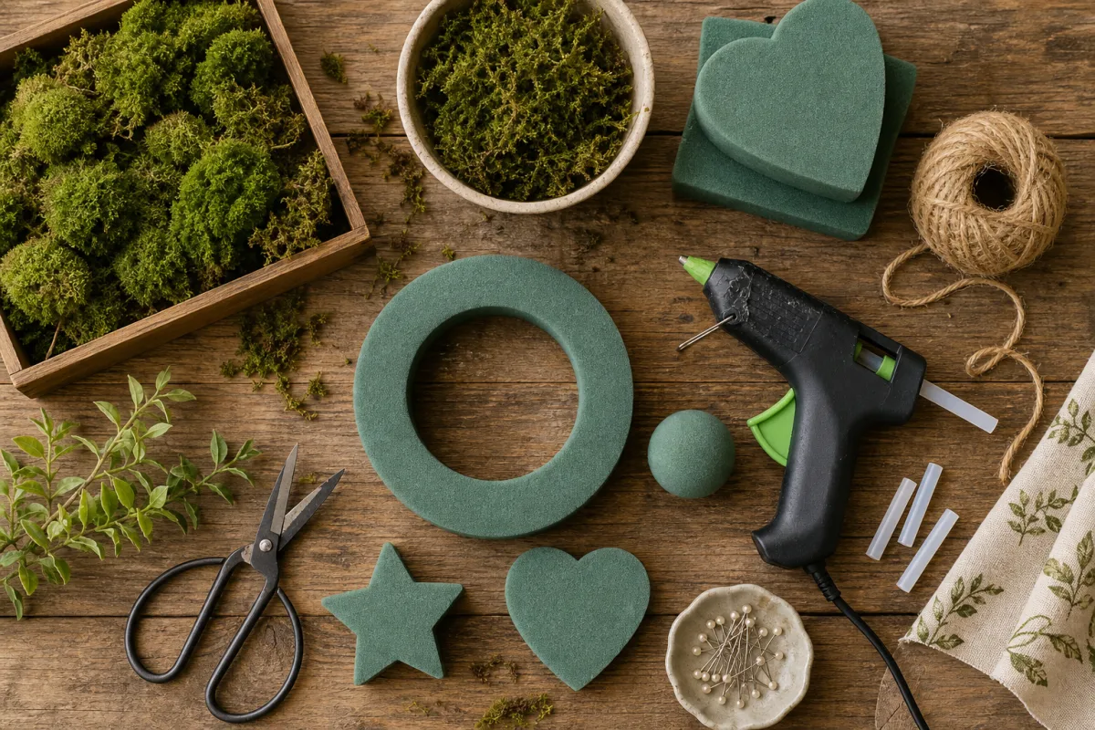 a flat lay of crafting supplies including moss, foam shapes, and glue…
