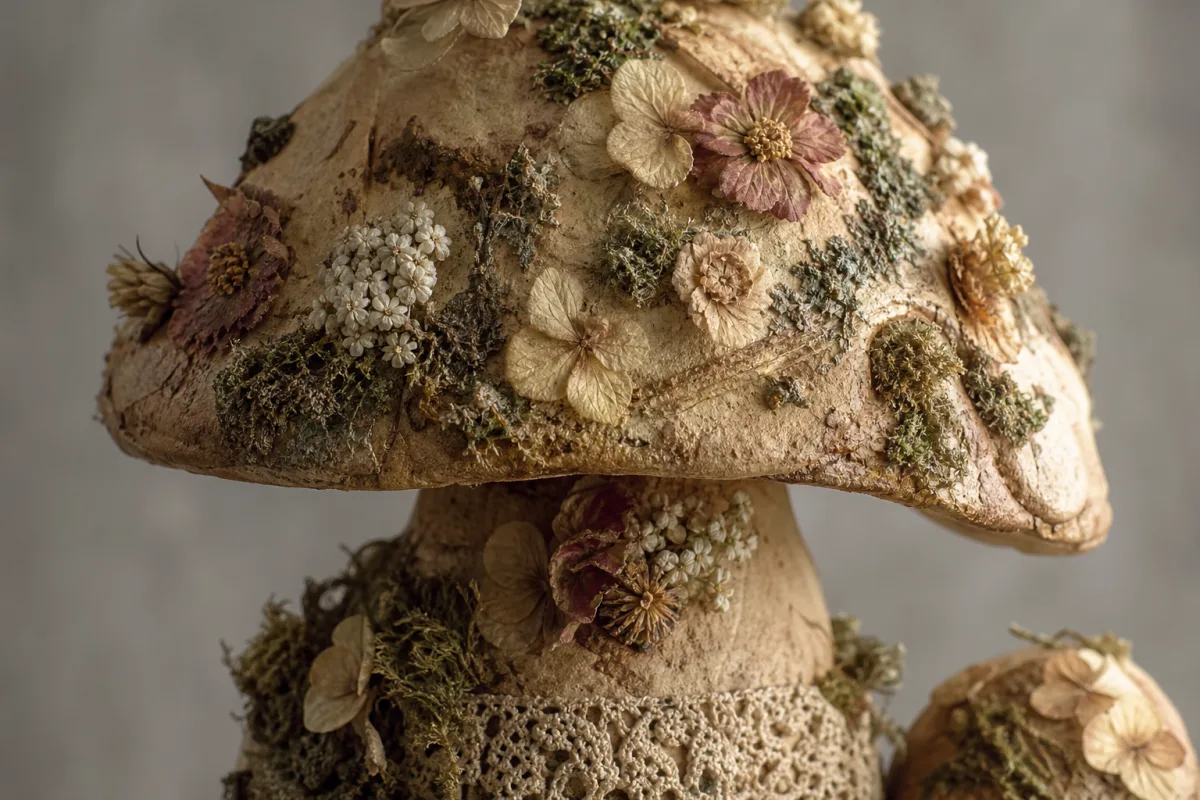 a close-up of delicate dried flowers and moss textures on a handcrafted…