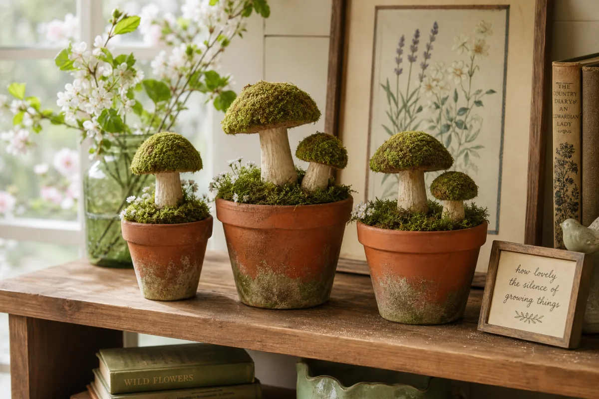 a charming styled vignette of finished moss mushrooms in terracotta pots on…