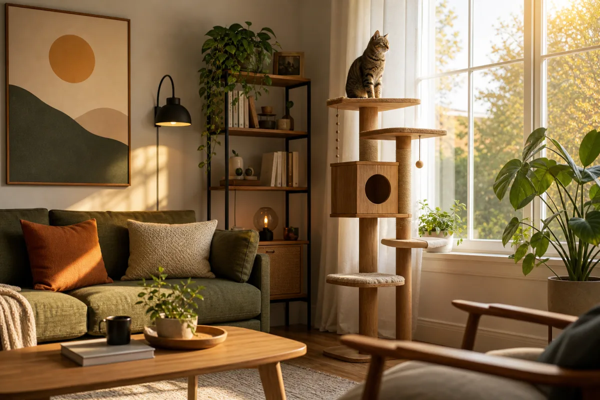 a stylish modern living room with a tall wooden cat tree near…