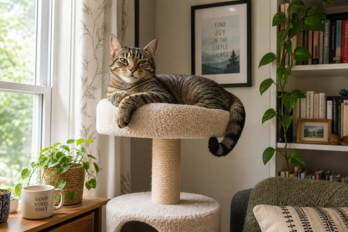 a cozy corner of a home with a happy tabby cat lounging…